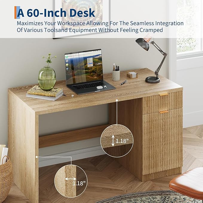 IDEALHOUSE Fluted Executive Desk with Drawers, 60" Modern Home Office Desk with Storage Cabinet, Wood Fluted Computer Desks Workstation for Working, Studying, Writing, Natural Oak