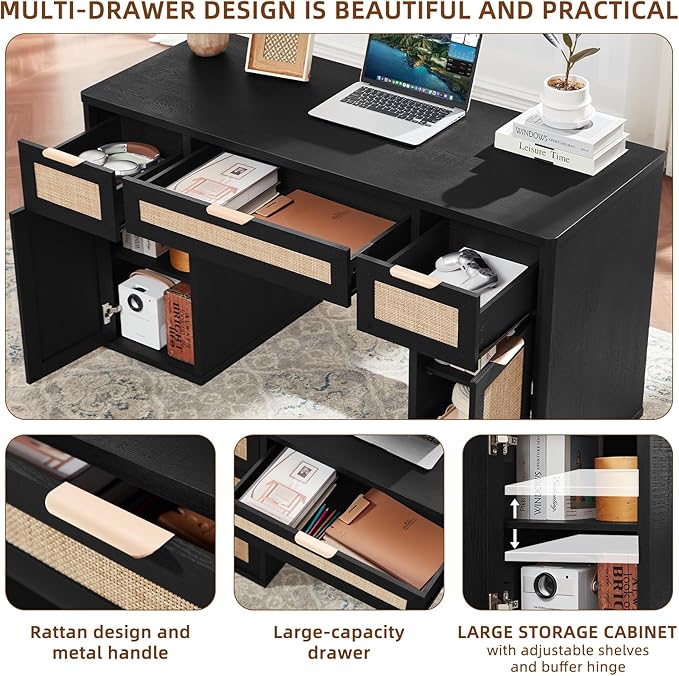 LEYAOYAO Office Desk 56" with 5 Drawers Storage File Cabinet Rattan Wood Desk for Computer Office Bedroom Home Furniture Black