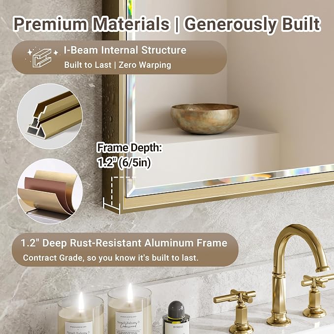 Gold Bathroom Mirror, 24x32 Brushed Gold Bathroom Mirror Beveled Edge, Gold Framed Rectangle Bathroom Vanity Mirror, Anti-Rust Brushed Brass Metal Frame Wall Mirror Vertical/Horizontal
