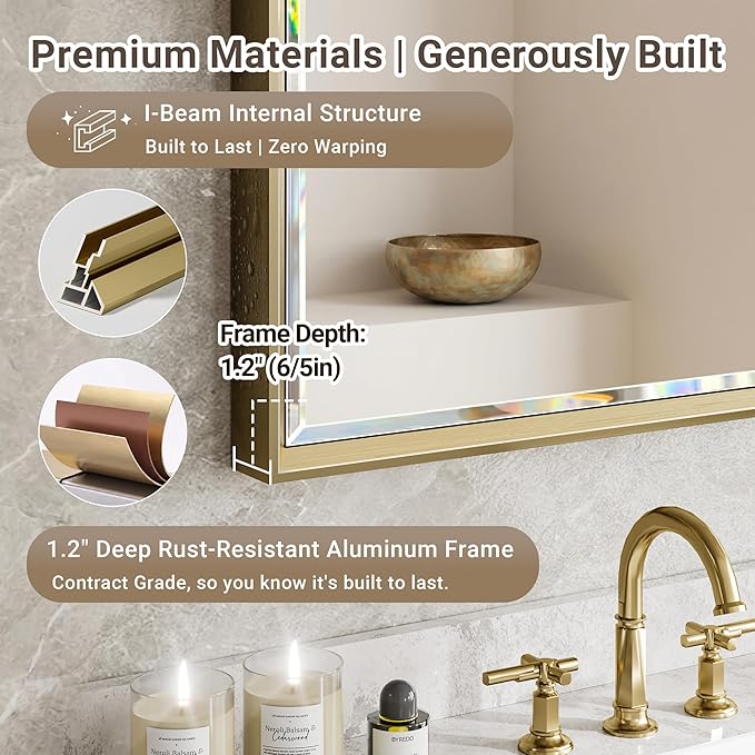 Brushed Gold Bathroom Mirror, 16''x 24'' Beveled Gold Bathroom Vanity Mirror, Anti-Rust Gold Framed Rectangle Wall Mirror Decorative, Brushed Gold Metal Frame Mirror Horizontal/Vertical