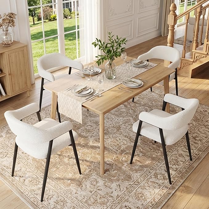 HNY Modern Dining Room Arm Chairs Set of 4, Faux Sherpa Boucle Upholstered Barrel Dining Chairs with Arms Mid-Century White Accent Chair with Metal Legs, Open-Back Kitchen Side Chair for Living Room