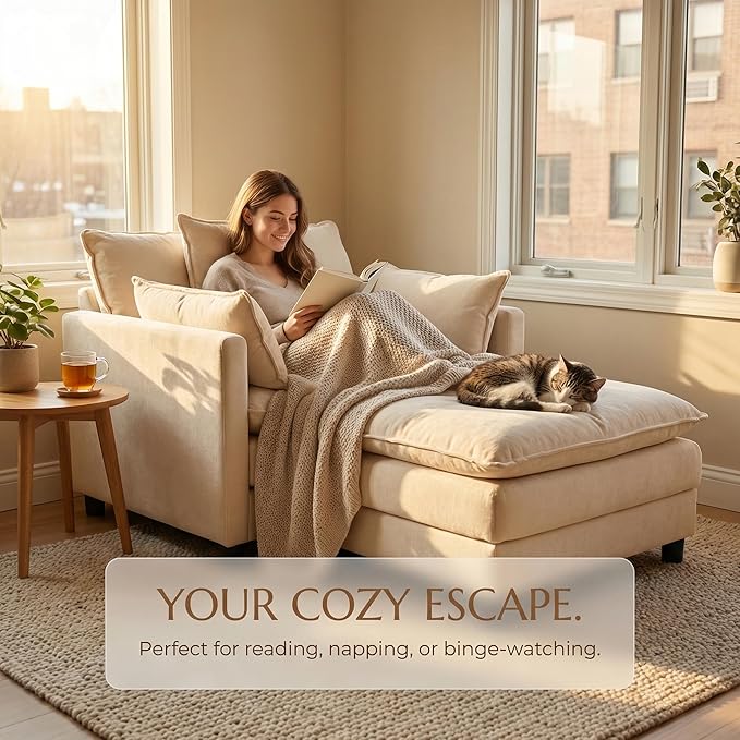 GRAVFORCE Oversized Chair with Ottoman, Comfy Upholstered Chenille Chaise Lounge Chair, Accent Indoor Reading Chairs for Living Room, Bedroom (Beige)