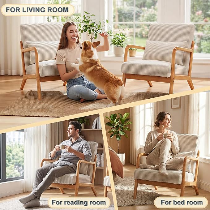 HjaustevyAccent Chairs, Mid Century Modern Chair with Pillow, Arm Chair with Solid Wood, Reading Relaxing Leisure Chair for Living Room, Waiting Room, Beige