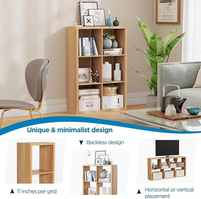 6 Cube Storage Organizer, 2x3 Cube Bookshelf, Cubby Storage Shelf, Wooden Organizer Shelf with Thickened Boards, for Closet Bedroom Home Office Living Room, 36.93" L x 9.37" W x 25.12" H, Natural-Oak