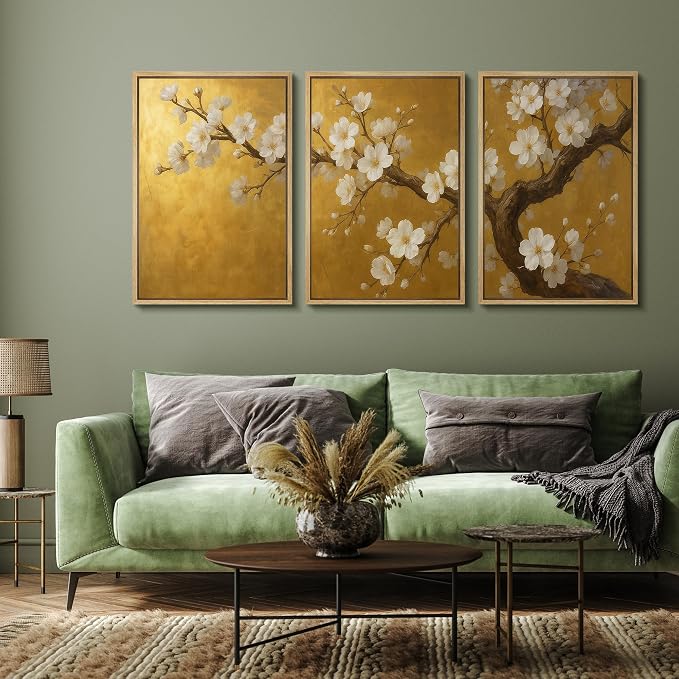 wall26 Framed Canvas Print Wall Art Set Golden Cherry Blossom Tree Elegant Floral Illustrations Fine Art Decorative Rustic for Living Room, Bedroom, Office - 16"x24"x3 Natural