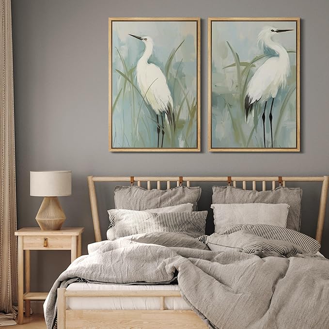 MUDECOR Framed Canvas Print Wall ArtWhite Heron Pair in Marsh Coastal Illustrations Modern Art Decorative Bohemian Colorful for Living Room, Bedroom, Office - 24"x36"x2 Natural