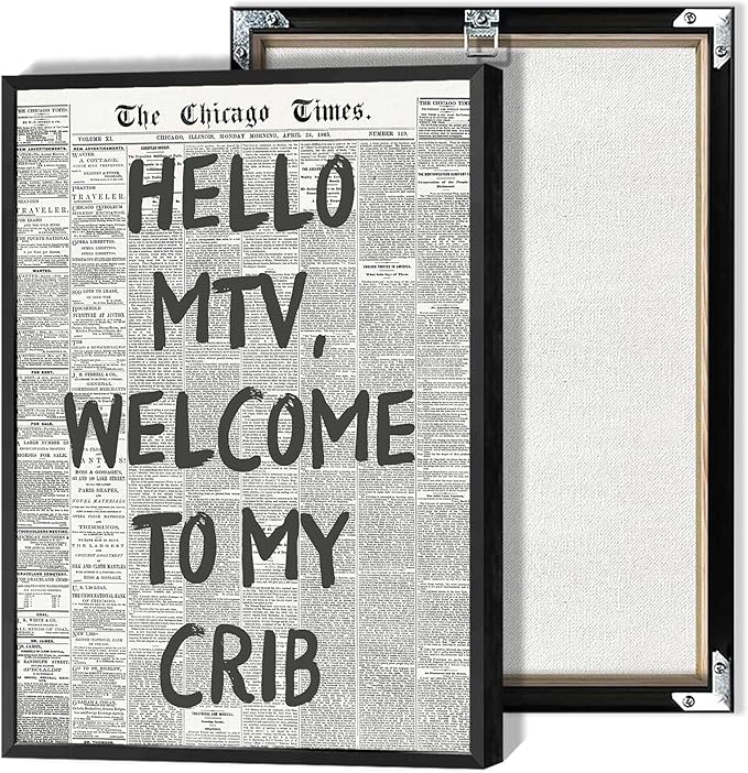 Hello Mtv Welcome To My Crib Poster Vintage Black And White Newspaper Canvas Wall Art Positive Affirming 70'S Room Aesthetic Prints Painting For Home Bedroom Dorm Wall Decor 12x16in Framed
