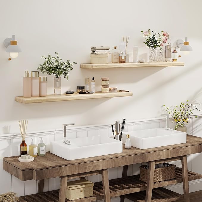 Axeman 48Inch Natural Wood Floating Shelves for Wall|Rustic Wooden Shelves for Bedroom Kitchen Bathroom|Long Storage Shelf with Invisible Bracket for Wall Mounted|Set of 1|Natural Color
