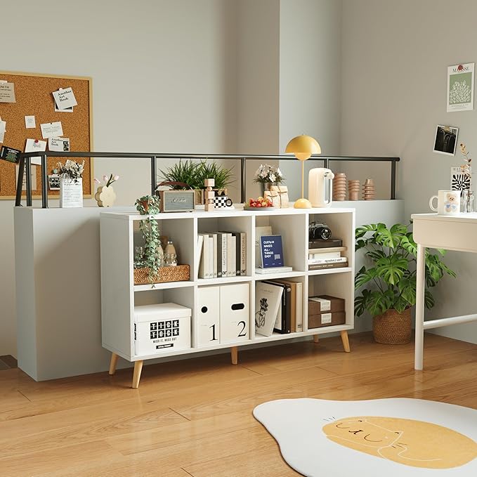 Flrrtenv 8-Cube Bookshelf 2 Tier Modern Bookcase with Legs, 11in Shelf Opening, 47" Wood Bookshelves Storage Organizer Shelf, Freestanding Open Book Shelves for Bedroom Living Room Office, White