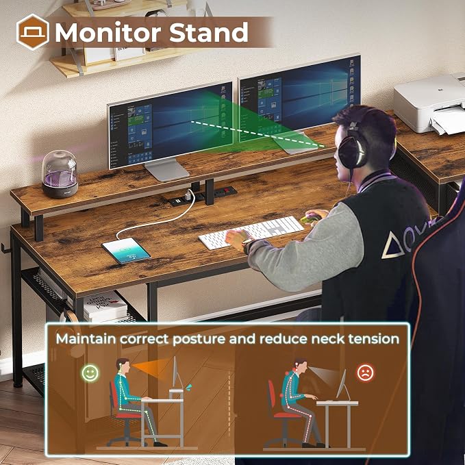 SEDETA 59" Office Desk with Drawers, Reversible Computer Desk with File Drawers & Storage, Gaming Desk with LED Lights & Power Outlet, Home Office Desks for Printer, Rustic Brown
