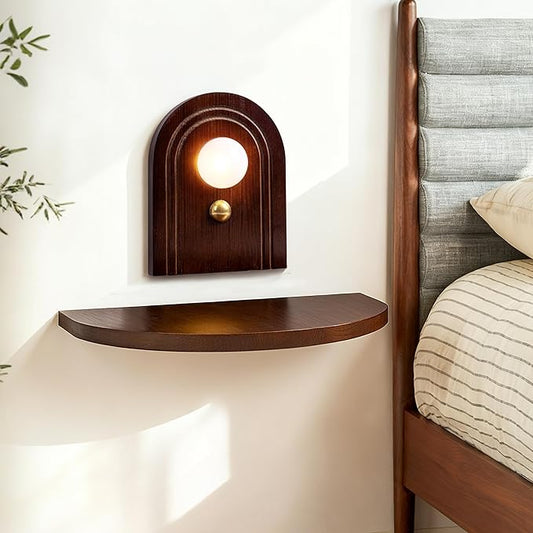 AELS Mid-Century Modern Floating Shelf with Rechargeable Type-C LED Wall Light, Space-Saving Wooden Wall Mounted Bedside Shelf for Bedroom or Dorm, Brown