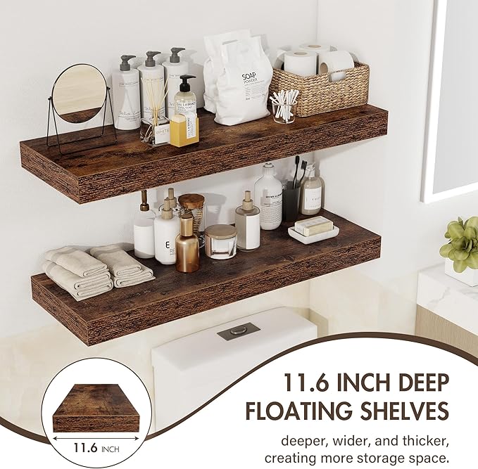 55 Inch Floating Shelves, 12" Deep Floating Shelf Wall Mounted, 55" Wall Shelves, Rustic Deep Bookshelf, Extra Deeper & Thicker Display Shelves for Bedroom, Living Room, Brown, Set of 2