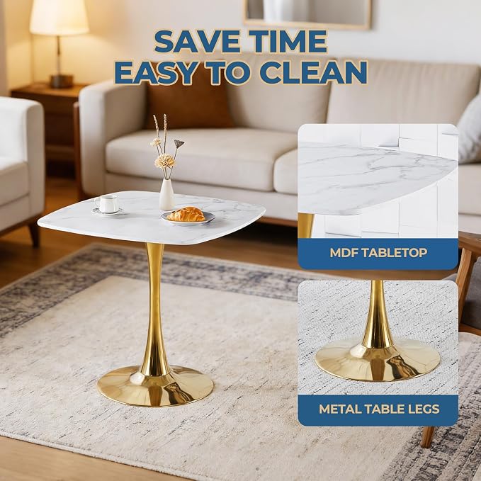 31.5 Inch White and Golden Square Dining Table for 2-4 Person,Mid-Century White Tulip Table Kitchen Dining Table with MDF Tabletop and Pedestal Base for Home Kitchen