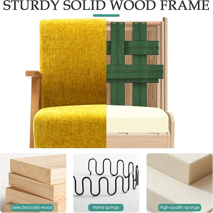 Home Accent Chair Mid Century Modern Accent Chair with Wood Frame, Lounge Upholstered Armchair, Reading Chair, Sturdy Base,For Living Room, Bedroom,Office,Comfy Guest Waiting Room Chairs,Yellow