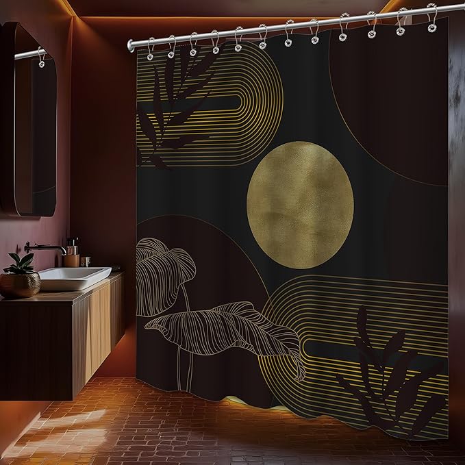 Black Dark Red and Gold Shower Curtain Burgundy Modern Shower Curtains for Bathroom Decor Boho Mid Century Bath Curtain Set, Waterproof Fabric with Hooks 70 x 72 Inch
