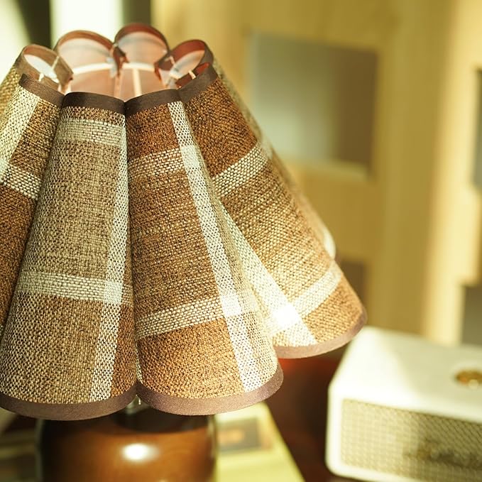 Small Plaid Pattern Table Lamp for Bedroom, Bedside Lamps for Nightstand, Desk Lamp Solid Wood Base Walnut Fabric Shade for Living Room, Kids Room, Bulb Not Included (Mid-Century Modern) (Walnut)