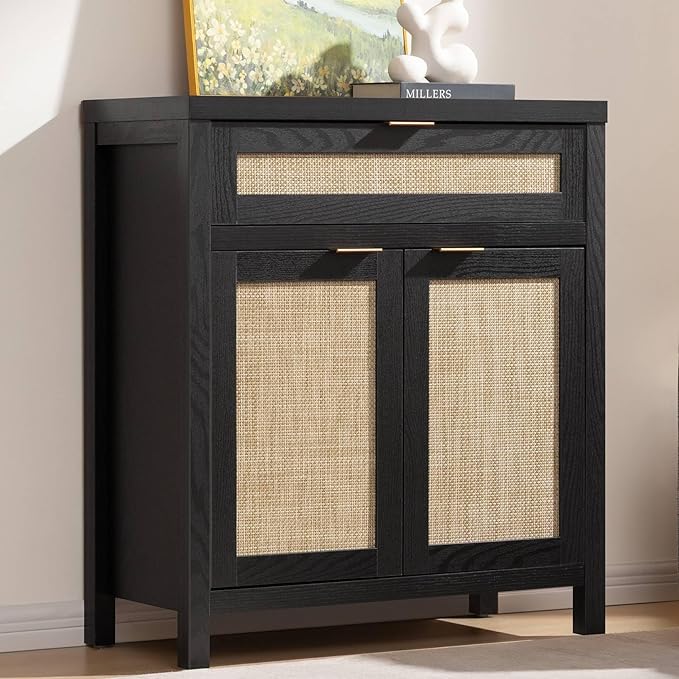 SICOTAS Sideboard Buffet Storage Cabinet, Rattan Accent Cabinet with Doors and Drawer, Modern Credenzas Buffet Table Console Coffee Bar Cabinets for Entryway Living Room, Black