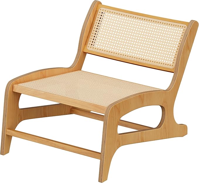 Chogori Mid Century Modern Wooden Lounge Chair Armless Rattan Accent Chair Lightweight Boho Style Seating Comfortable Single Chair for Living Room, Bedroom, or Patio (Natural-Oak, Set of 1)
