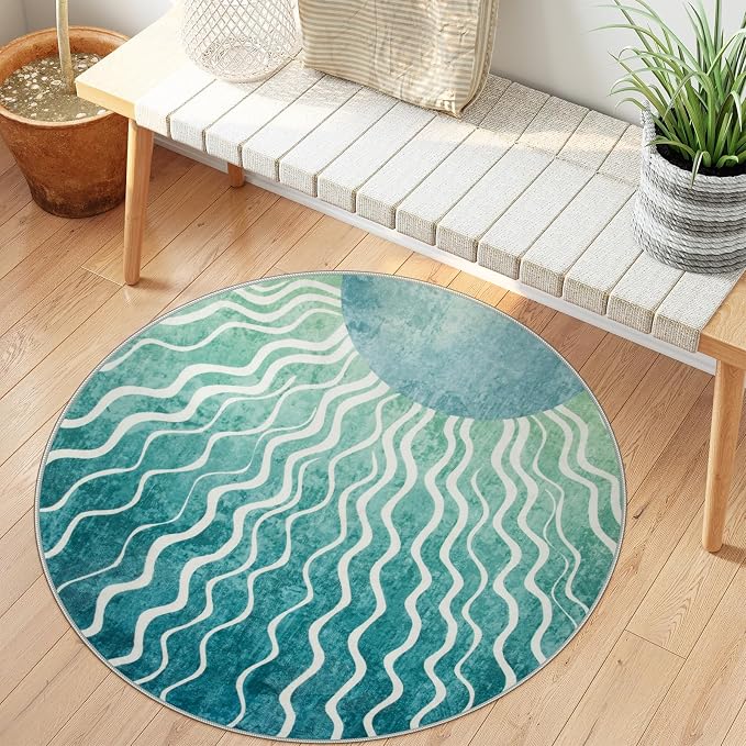 Wonnitar Sun Print Boho Round Rugs, 4ft Small Round Rug Washable Green Circle Carpet, Soft Non Slip 4 Feet Mid Century Circular Dining Room Carpet for Entryway Bedroom, Teal/Multi