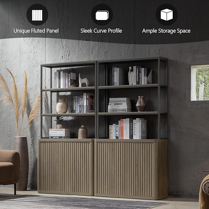 SICOTAS Book Shelf Fluted Bookshelf 71" Tall Bookcase with Doors Storage 5 Tier Mid Century Modern Bookshelves Large Shelves Metal Book Cases for Living Room Office Bedroom Kitchen Library (2PCS)