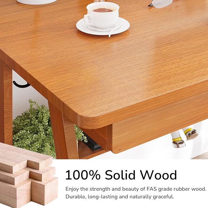100% Solid Wood Writing Desk - 39.4" Mid Century Modern Home Office Desks, Small Computer Desk for Small Spaces with 2 Drawers and Storage Shelf, Laptop Study Table for Bedroom/Living Room, Walnut