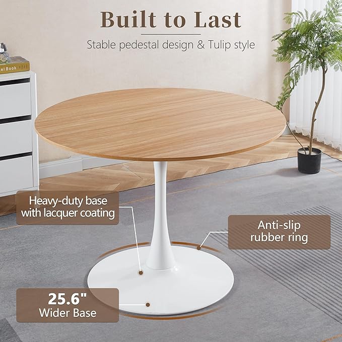 42 Inch Round Dining Table,Mid-Century Tulip Table with Metal Pedestal Base,Modern Leisure Table for Small Space Kitchen Dining Room,Easy Assembly,White and Oak