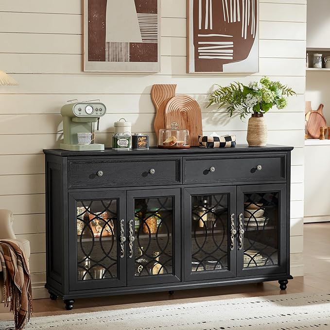 Large Sideboard Buffet Cabinet Set of 2 with Storage,59" Credenza with 4 Glass Doors & 2 Drawers,Adjustable Shelves Coffee Bar,Wood Kitchen Console Table for Dining Room,Black