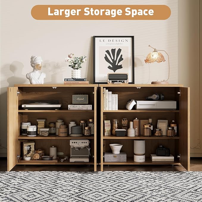 Rophefx Fluted Sideboard Cabinet, 126" Buffet Cabinet with Storage, Credenza Storage Cabinets with Adjustable Shelf, Wood Entryway Cabinets with Pop-up Doors for Living Room, Entryway, Hallway, Oak