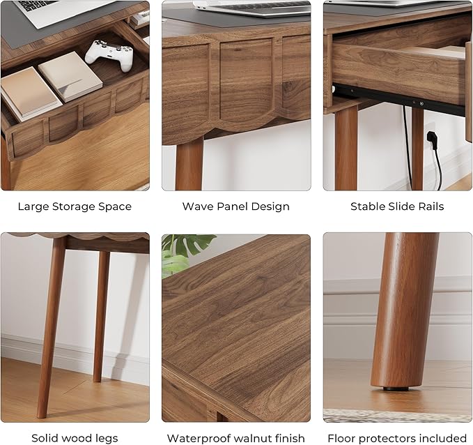 Mid-Century Modern Small Desk, 43" Walnut Writing Desk Computer Laptop Wooden Desks with Open Shelves & Drawer, Elegant Vanity Table Compact Home Office Desk for Study Bedroom Living Room