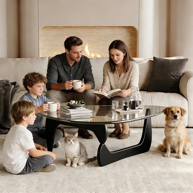 Morden Coffee Table, 44.9″×32.3″×15.8″ Coffee Tables for Living Room, with Triangle Tempered Glass Top & Wood, Abstract
