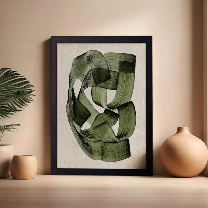 Poster Master Green Abstraction Poster - Brush Strokes Print - Painted Swirl Art - Chic Boho Design - Abstract Illustration - Great Office or Living Room Decor - 16x20 Black Framed