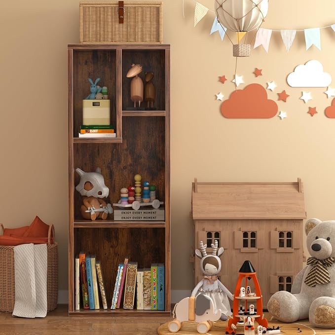 VECELO 3-Tier 4-Cube Bookshelf with Height Difference Shelves, 66 LBS Per Shelf Heavy Duty Bookcase, Modern Floor Standing Storage Unit for Living Room Bedroom, Rustic Brown