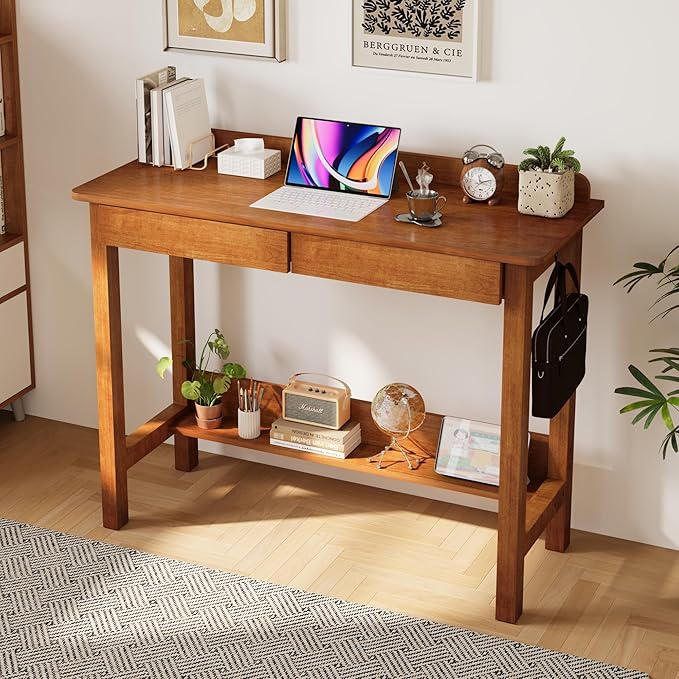 Solid Wood Desk with Drawers, 39 x 16 Inch Narrow Desk with 2 Drawers, Bookshelf & 2 Hooks, Writing & Computer Desk for Small Spaces, Mid Century Modern Desk - Walnut