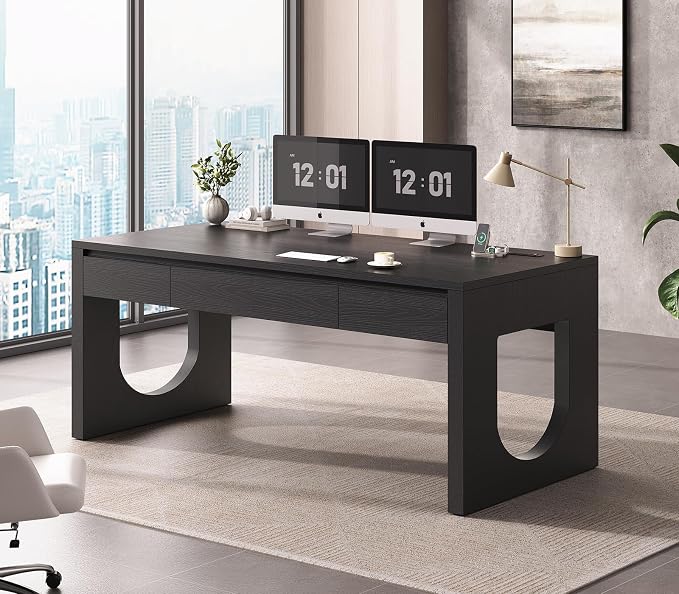 SEDETA 55" Executive Desk with 3 Drawers, Modern Office Desk with U-Shaped Legs, Wood Computer Desk with Power Outlet, Home Office Desks with Relief Texture, Black