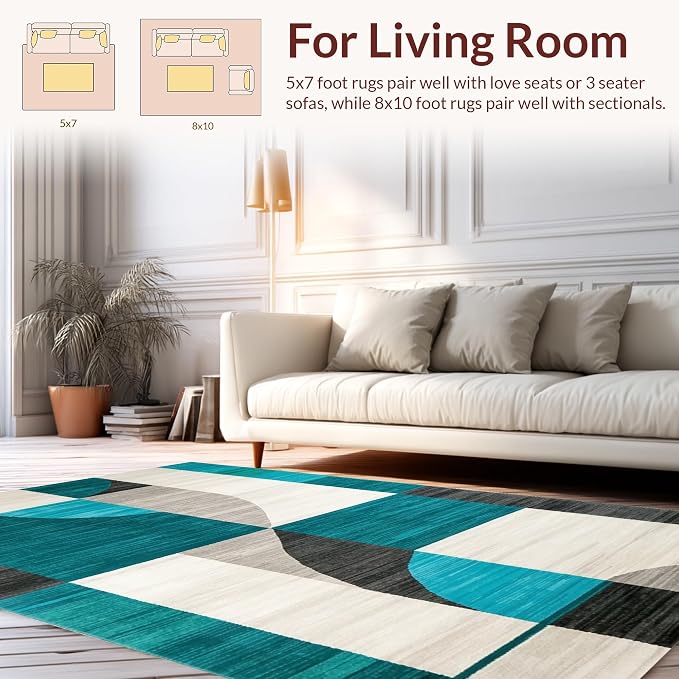 Flatwoven High Traffic Area Rug 4x6, Modern Abstract Geometric Rug Stylish Home Decor, Non Slip, Stain Resistant, Washable Area Rugs for Living Room, Bedroom (Teal, 4x6)