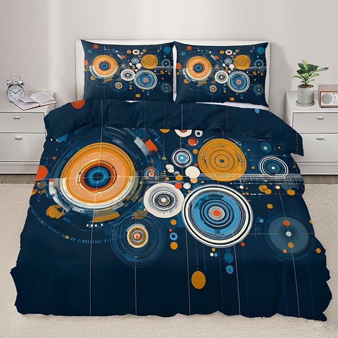 Modern Abstract Circle Duvet Cover King Size, Colourful Disc Bedding Set 3 Piece, Hippie Hip Hop Patterned Comforter Cover with Zipper Soft Microfiber, 2 Pillowcases