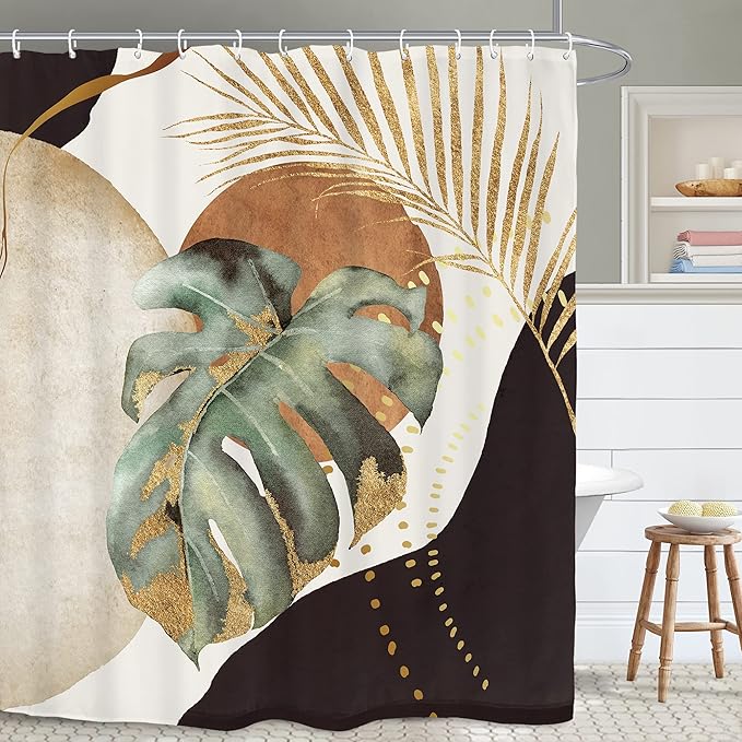 Yookeb Abstract Mid Century Bathroom Shower Curtain 71W by 71H Inch Modern Plant Monstera Neutral Minimalist Brown Leaves Aesthetic Polyester Fabric 12 Plastic Hooks Waterproof Decor