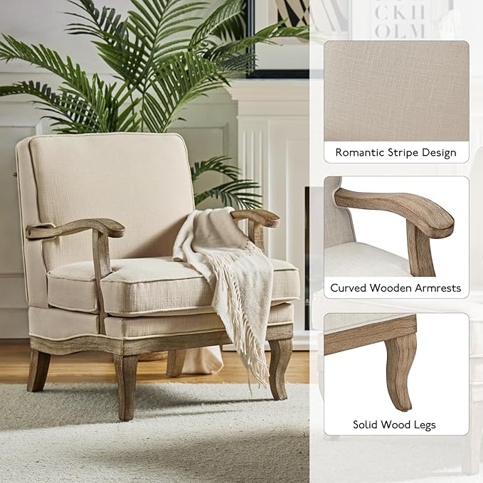 HULALA HOME Mid-Century Modern Accent Chair, Upholstered Lounge Arm Chair with Solid Wood Legs and Armrest, Removable Cushion Comfy Retro Reading Armchair for Living Room, Bedroom, Balcony, Linen