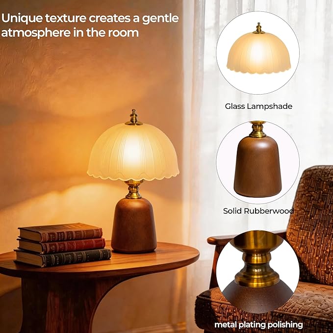 13“ Mid-Century Decorative Wooden Small Table Lamp, Frosted Scalloped Glass Shade, Solid Wood Base, Vintage Bedside Table Lamp for Bedroom Living Room, E26 Bulb Included