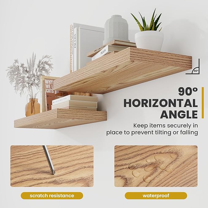 16 Inch Floating Shelves, 9.3" Deep Floating Shelf Wall Mounted, 16" Wall Shelves, Rustic Deep Bookshelf, Large Display Shelves & Storage Shelves for Bedroom, Living Room, Light Brown, Set of 2