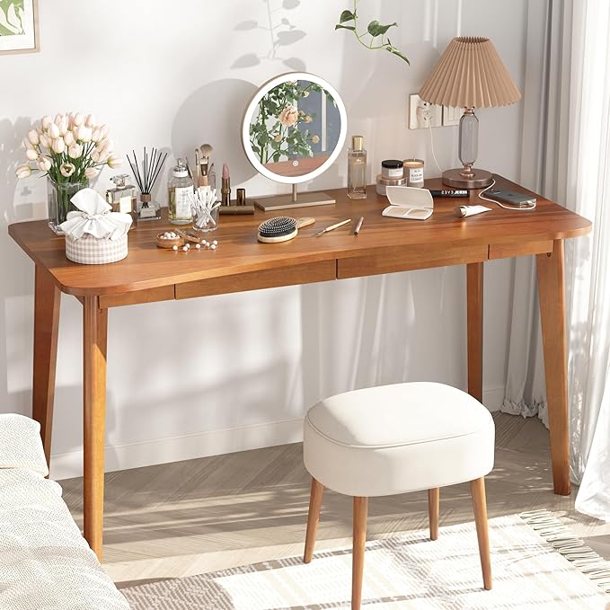 100% Solid Wood Desk with Drawers - 55 x 24 Inch Home Office Computer Desks, Modern Writing Desk with Drawers, Simple Study Table Makeup Vanity - Walnut Vintage Desks