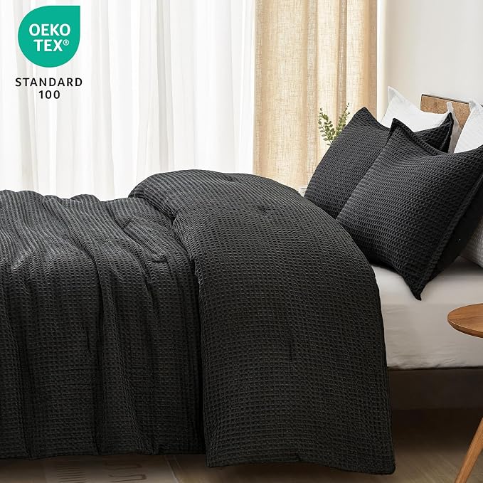 PHF Ultra Soft Waffle Weave Comforter Set Twin Size, 2 Pieces Lightweight Breathable Comfy Bedding Set, Comfy Textured 1 Comforter with 1 Pillow Shams, Black
