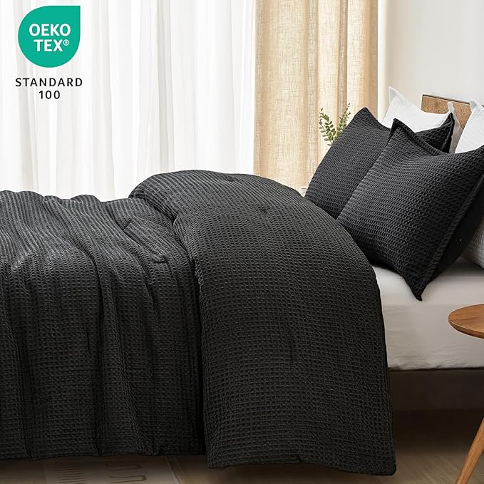 PHF Ultra Soft Waffle Weave Comforter Set King Size, 3 Pieces Lightweight Breathable Comfy Bedding Set, Comfy Textured 1 Comforter with 2 Pillow Shams, Black