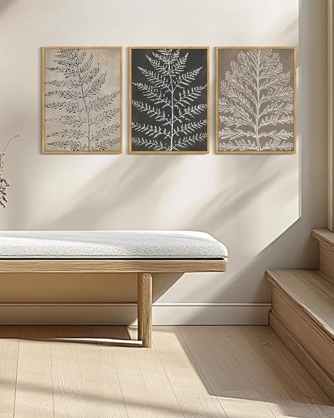 KUVIOKE Vintage Botanical Framed Wall Art Bohemian Black Tan Plant Leaf Wall Decor Nature Fern Plant Silhouette Wall Painting for Living Room Bedroom 12x16in (Natural Framed)