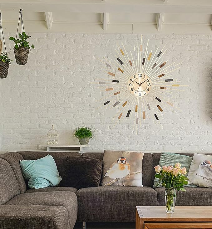 Starburst Round Wall Clock Decor 24" Silent Battery Operated, Mid Century Modern Metal Decorative Wall Clock for Living Room Bedroom Office