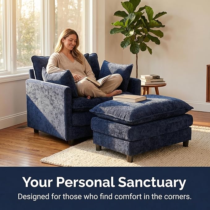 GRAVFORCE Oversized Chair with Ottoman, Comfy Upholstered Chaise Lounge Chair, Accent Indoor Reading Chairs for Living Room, Bedroom (Blue)