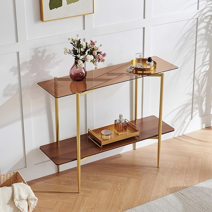 Rectangle Glass Console Table, Mid-Century Modern Design, L41*W14*H32 inch, for Living Room, Amber Glass Top and Walnut Finish Wood Shelf, Conical Metal Legs with Gold Finish