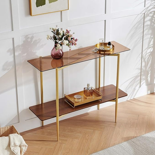 Rectangle Glass Console Table, Mid-Century Modern Design, L41*W14*H32 inch, for Living Room, Amber Glass Top and Walnut Finish Wood Shelf, Conical Metal Legs with Gold Finish