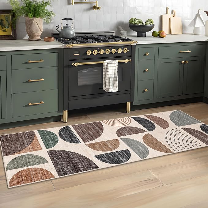 MUJOO Runner Rug Washable,2x6 Area Rugs for Hallways Kitchen Bathroom Bedroom Entryway,Non Slip Carpet Long Mat Indoor,Boho Soft Modern Abstract Brown