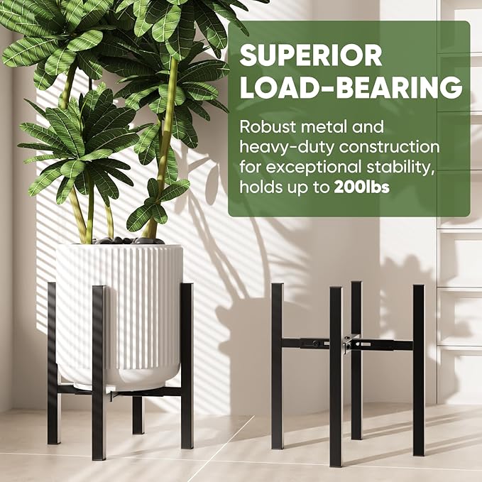 ROSSNY Plant Stand for Indoor and Outdoor: Adjustable Width Fits for 8-12 Inch Pots - Metal Heavy Duty Plant Stand Holder Up to 200lbs, 14.2 Inch Single Tier Planter Stand, Black, 1 Pack (Without Pot)